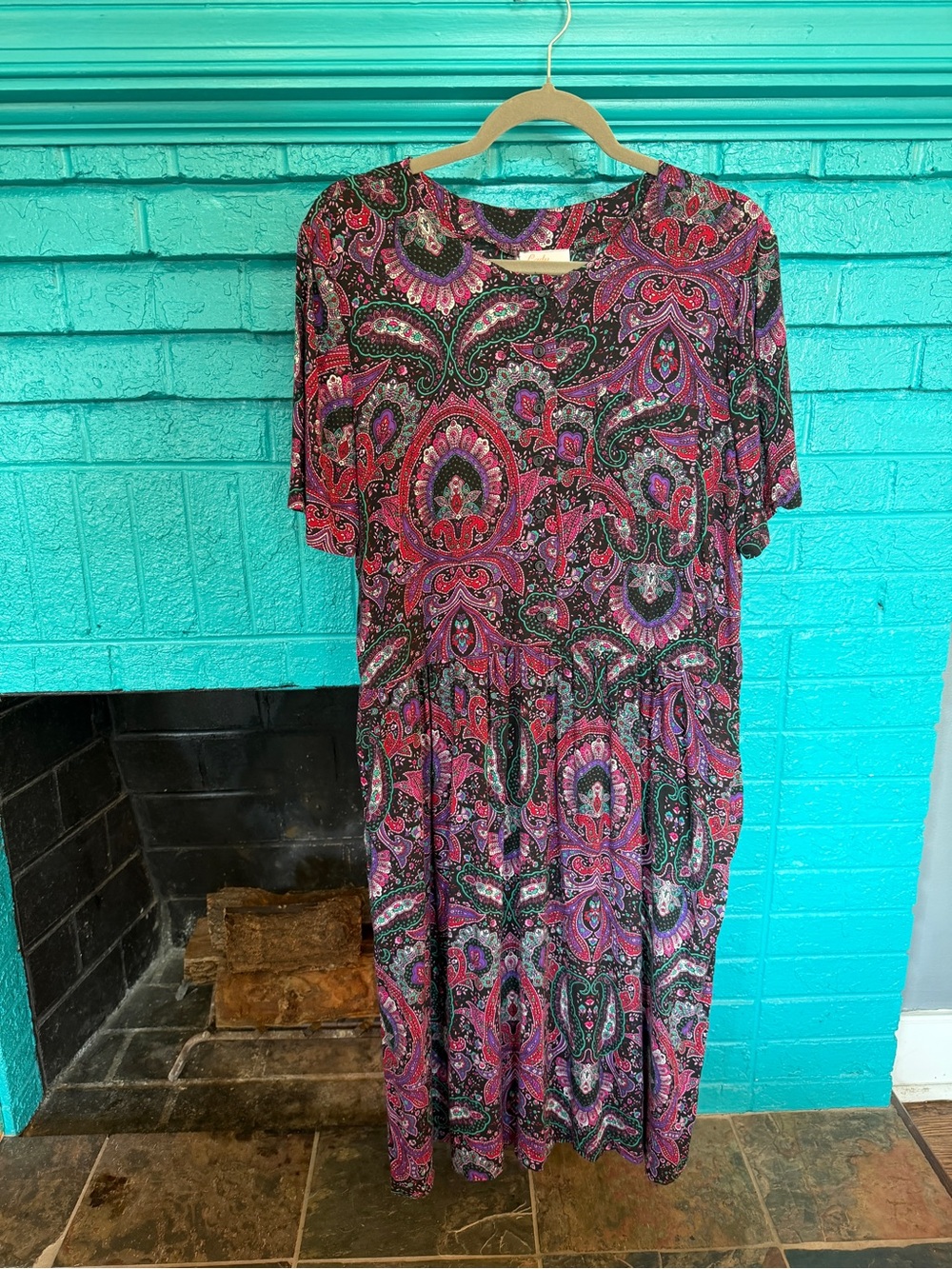 Paisley Print Midi Dress in Pink and Black